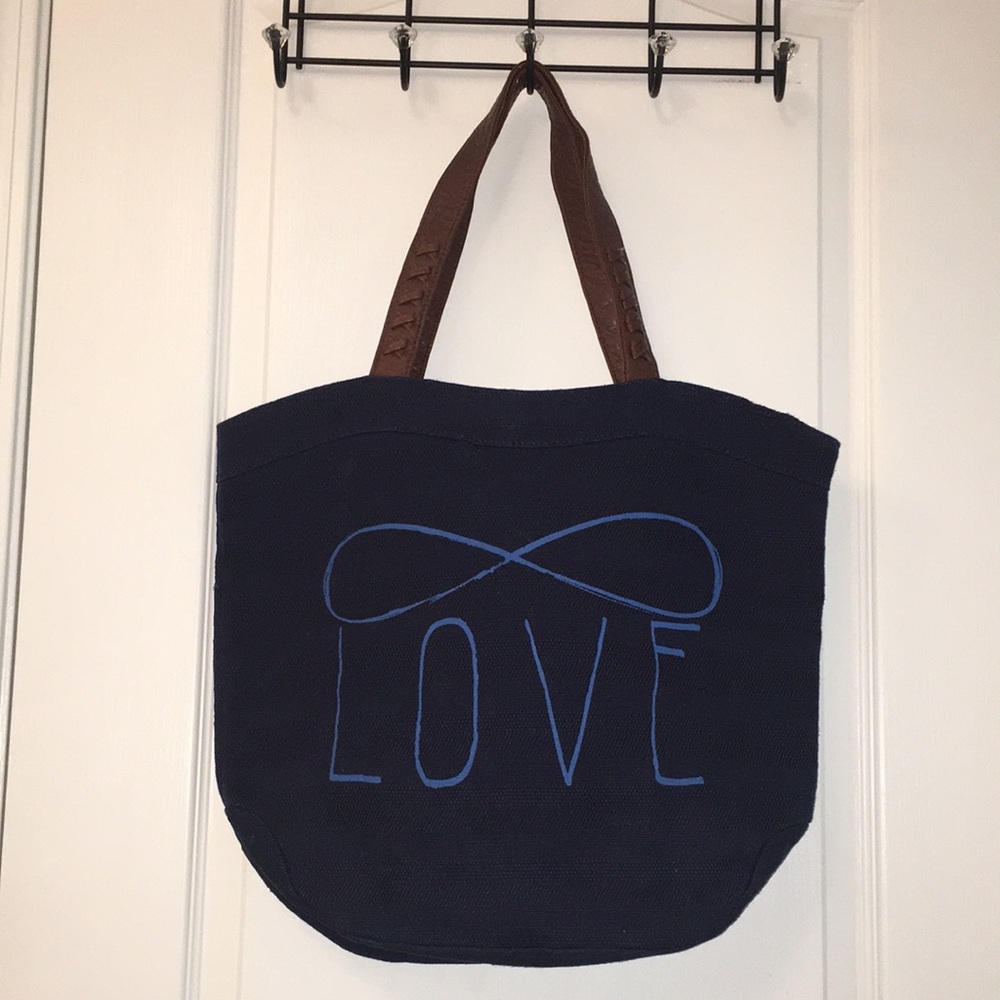 Bethany Mota Navy Infinity Love Blue Canvas Bag with Brown Leather Handles